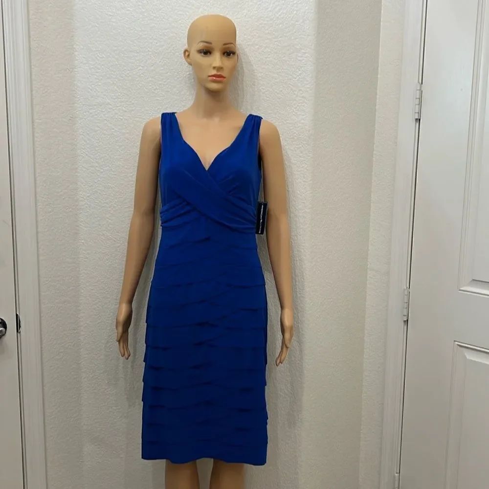 American Living Dress Sz 6 Cobalt Blue V Neck Sleeveless Midi Slimming Tiered